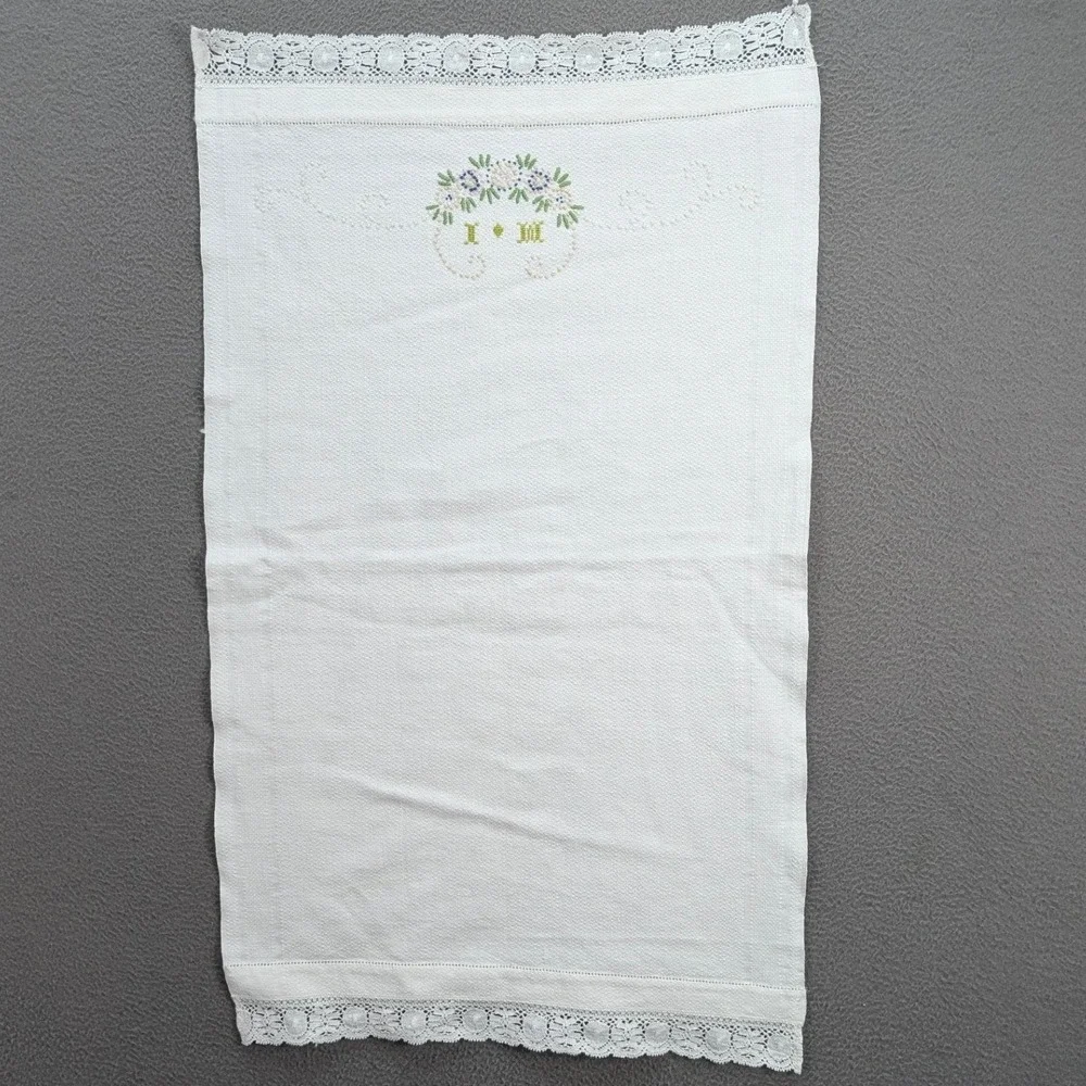 Vintage Lof of 6 Embroidered Hand‎ Towel Linen Floral Lace Trim Kitchen Boho